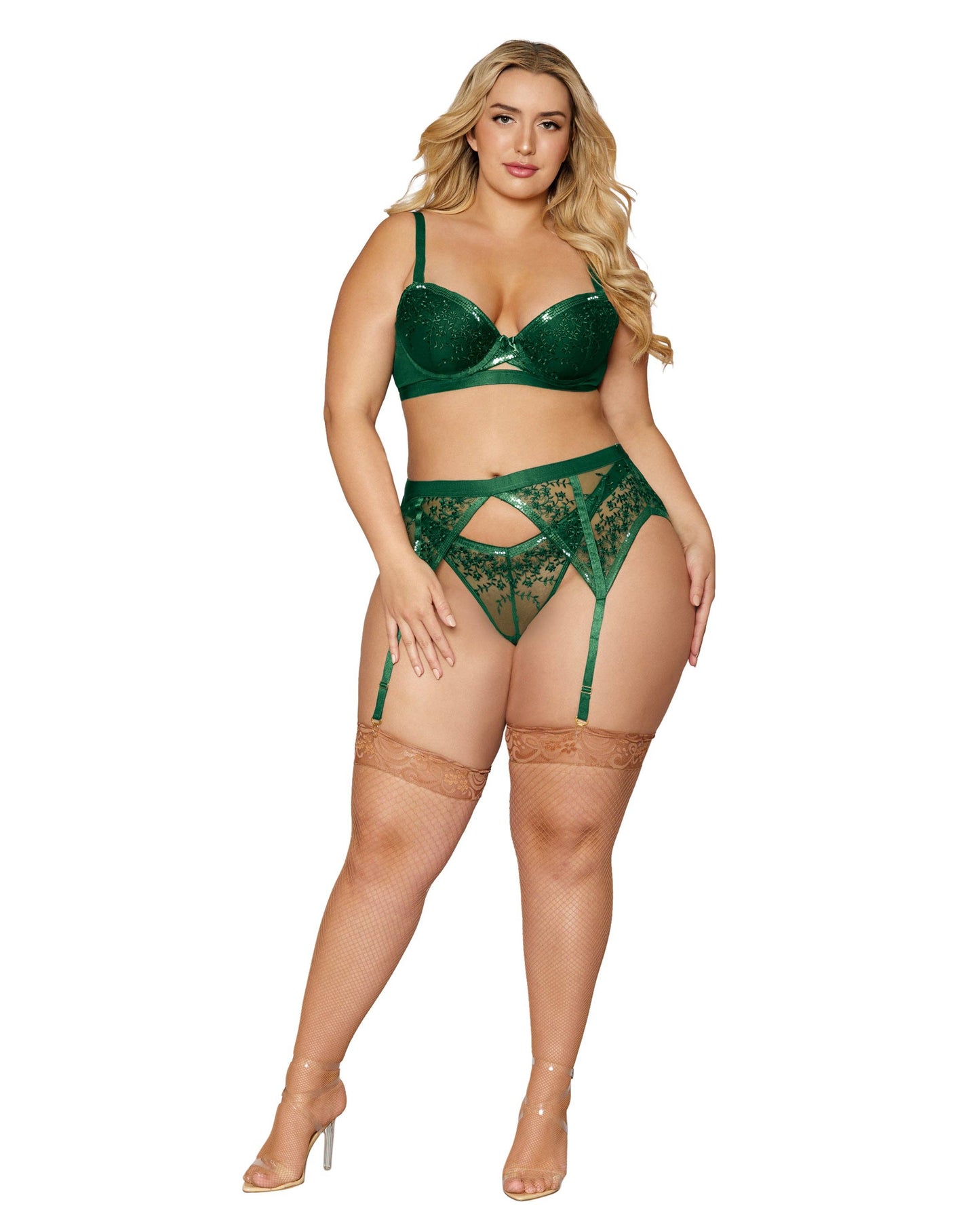 Green Sequined Floral Embroidered Mesh 3 Piece Set