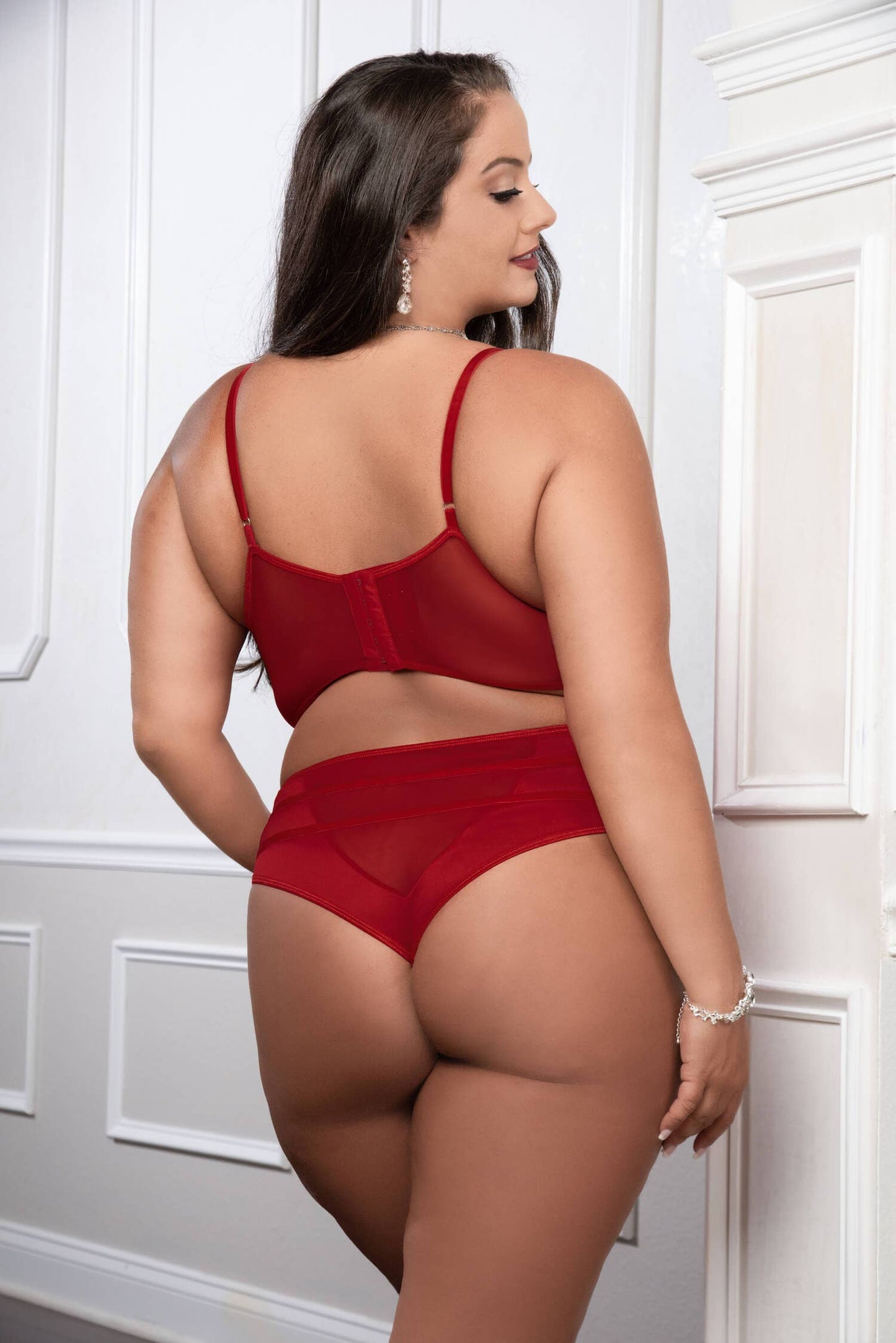 Cinnamon Red - 2pc Satin Straps Bra and High Waist / Queen Size