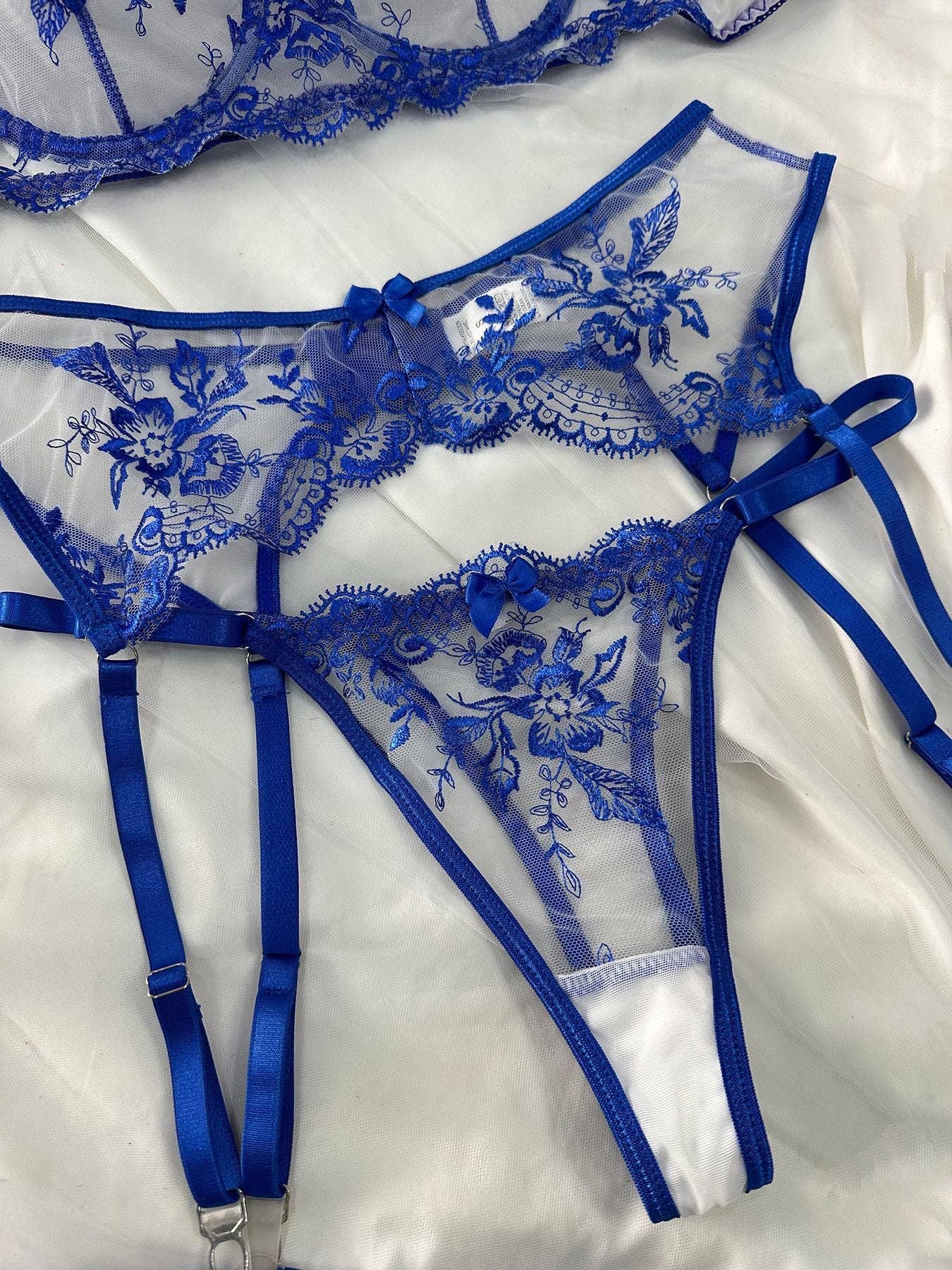 Blue Floral Embroidery Sexy Seduction Lingerie