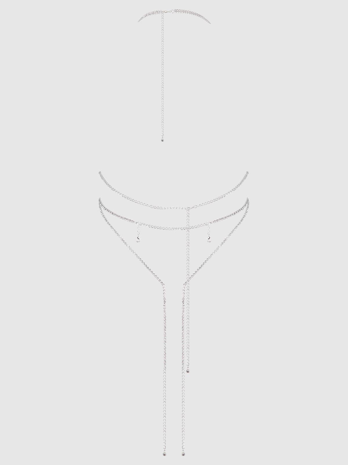 RHINESTONE PLUNGE & FRINGE TEDDY: Silver