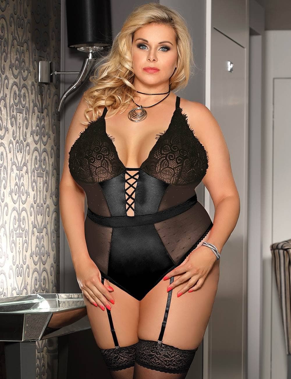 Satin Lace Detail Bodysuit With Garter