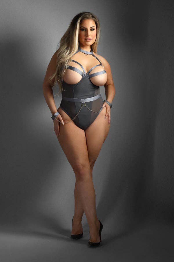 Halter Teddy with Wrist Restraints: Gray