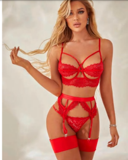 Red Lace Bra Set w/ Strappy Detail & Garter
