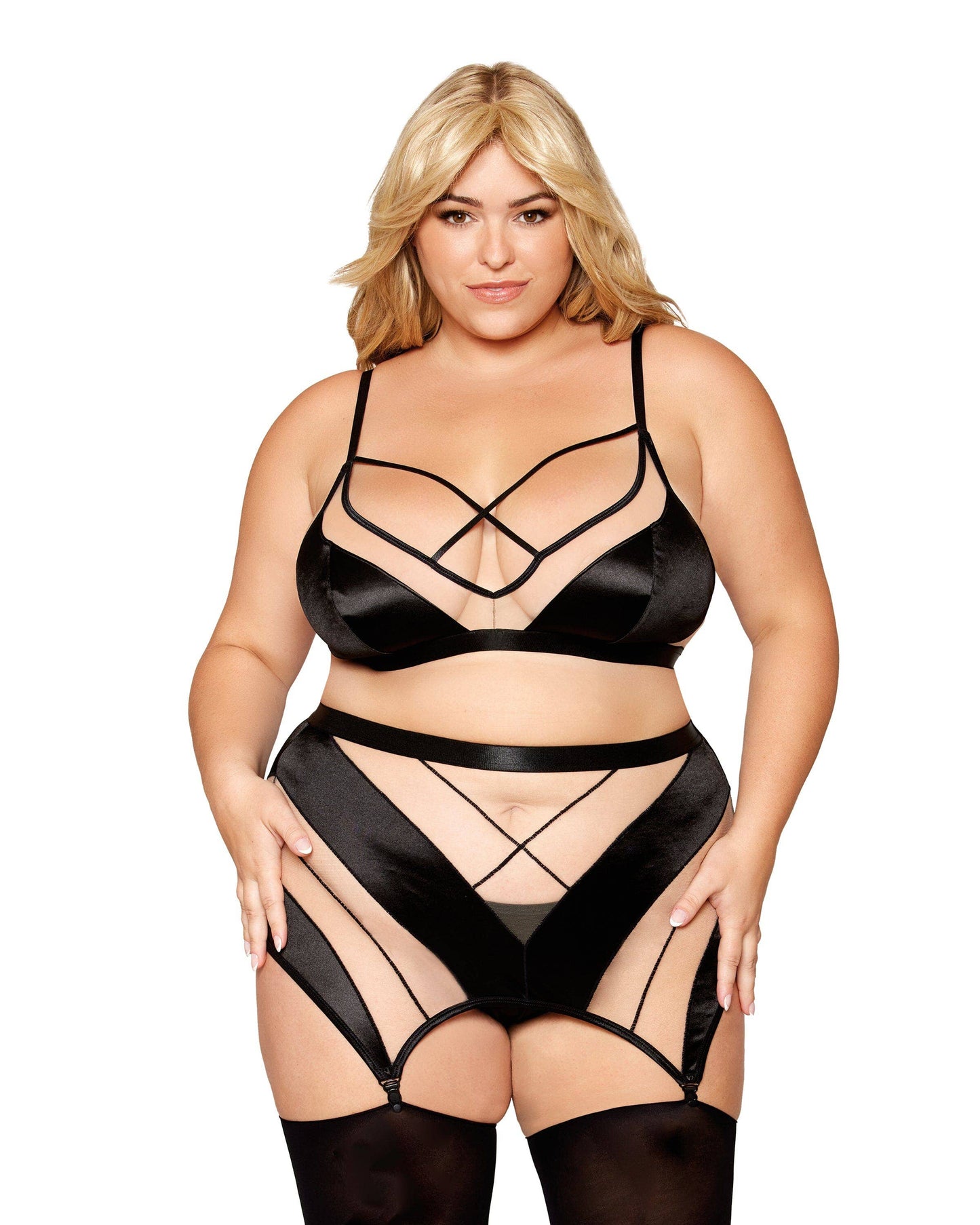 Sheer Panel Bralette, Garter Skirt, and G-String Set: Black
