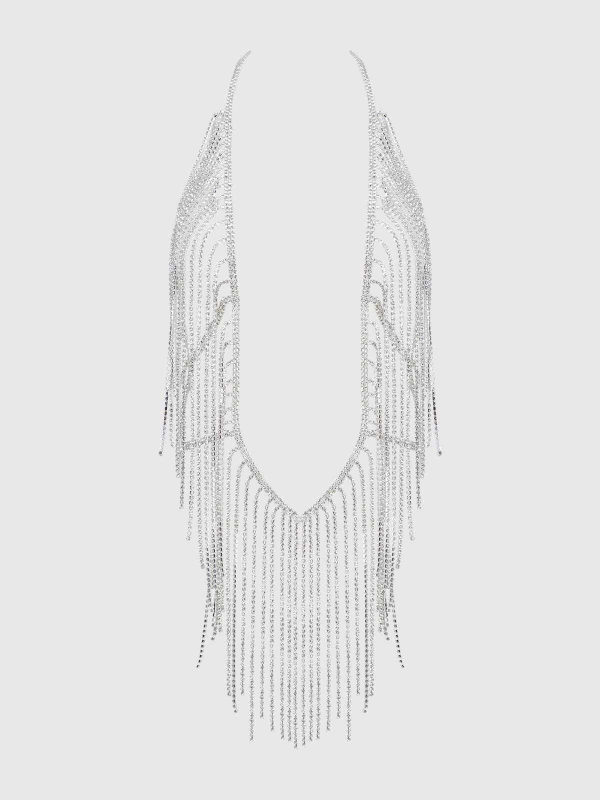 RHINESTONE PLUNGE & FRINGE TEDDY: Silver