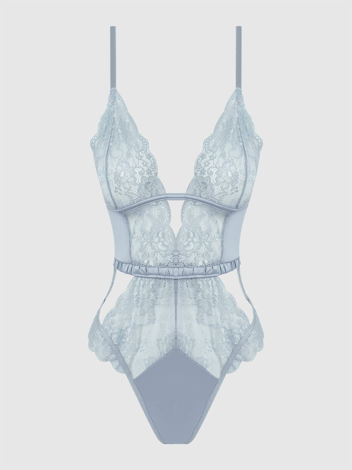 SIENNA SATIN & LACE WIRELESS TEDDY: STONE BLUE
