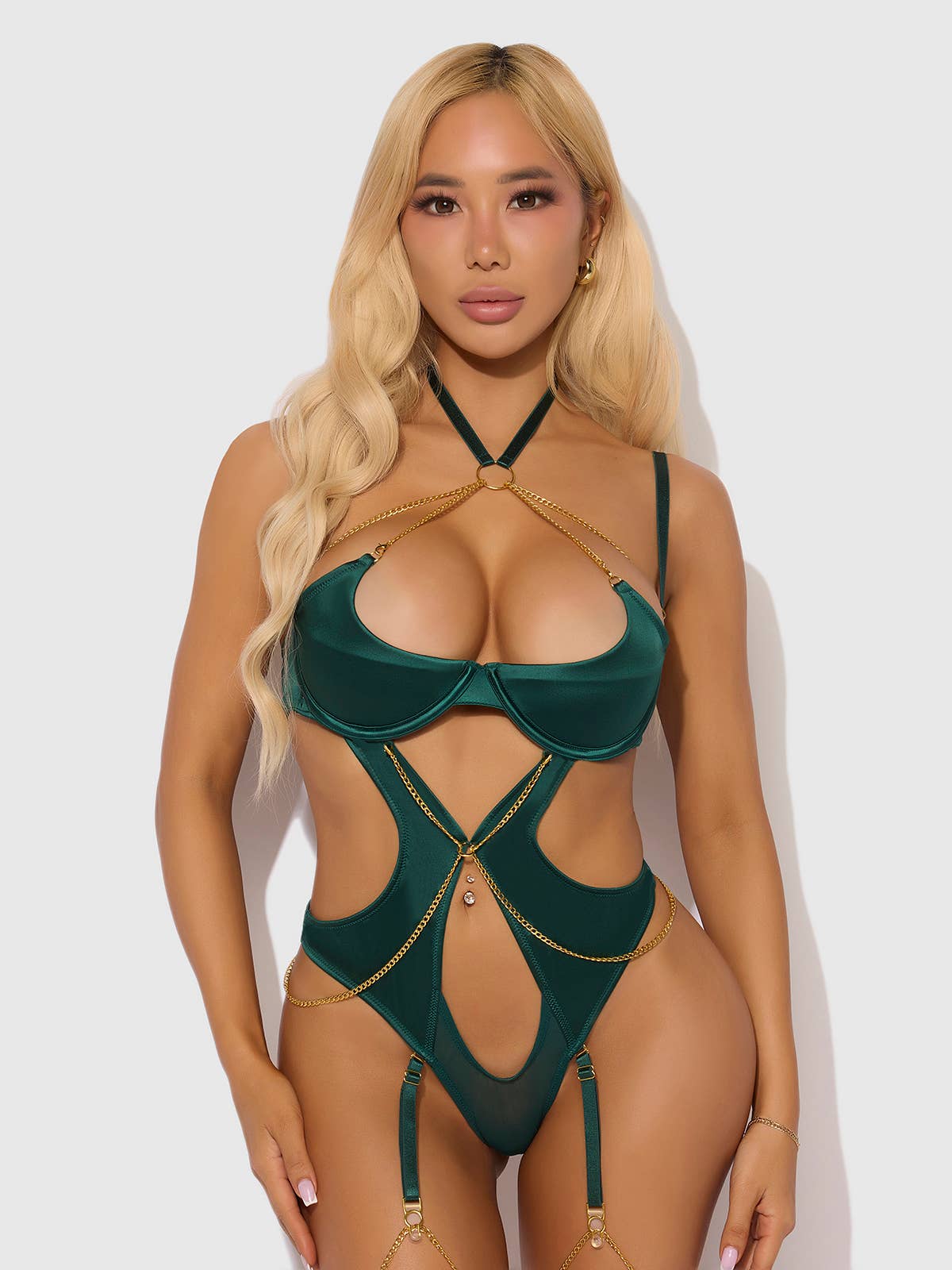 EVANGELINE SATIN & CHAIN HALTER TEDDY: EMERALD