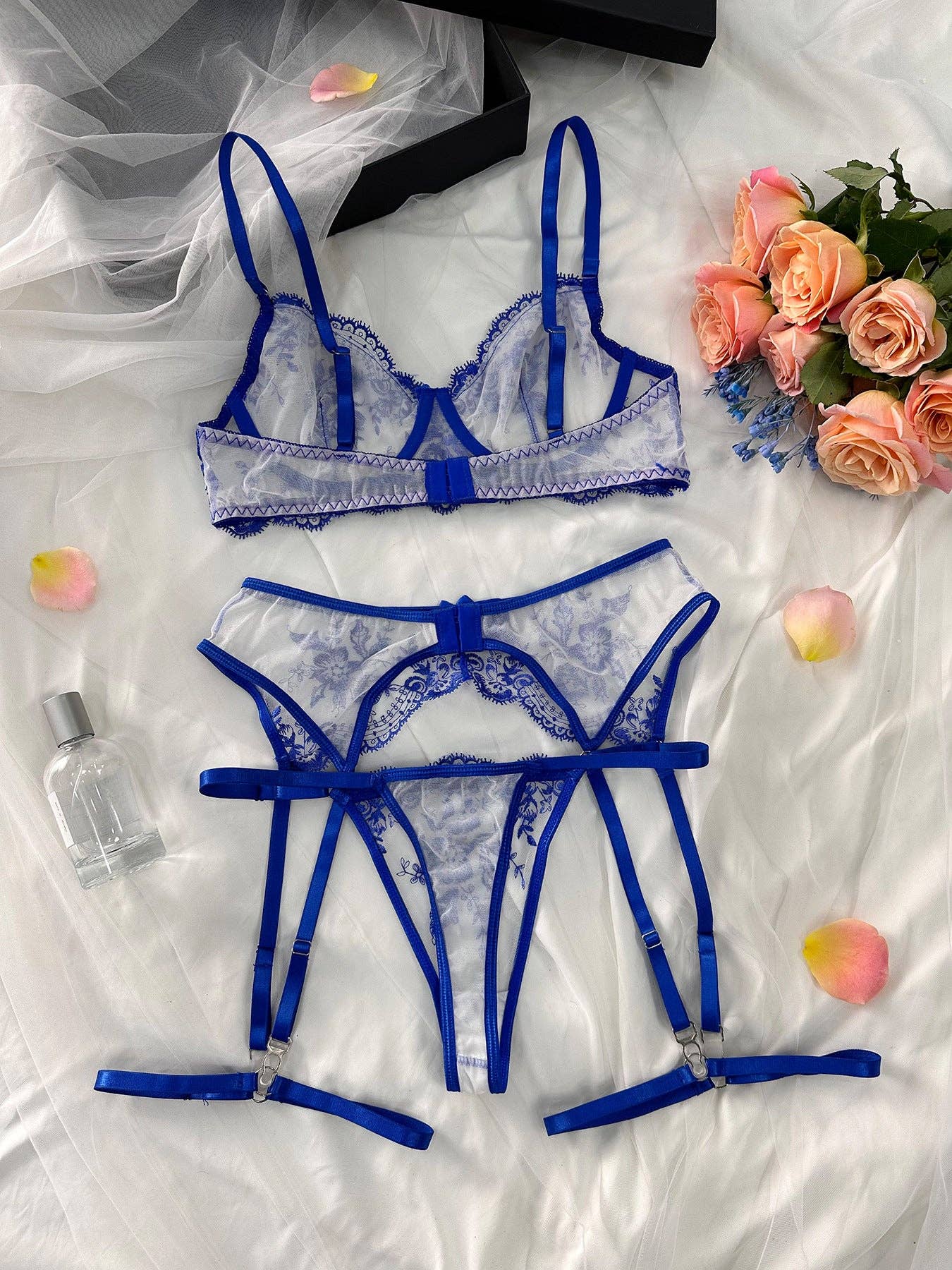 Blue Floral Embroidery Sexy Seduction Lingerie