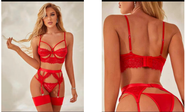 Red Lace Bra Set w/ Strappy Detail & Garter