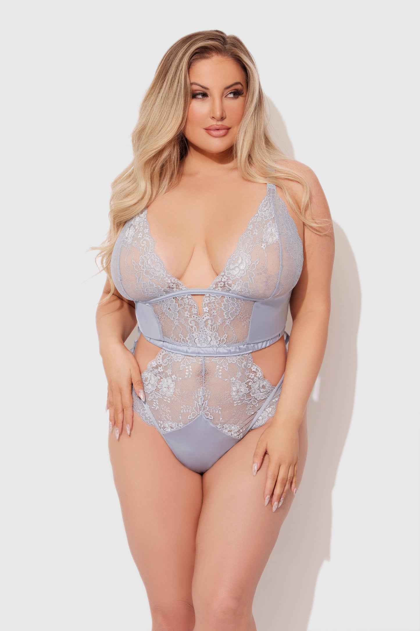 SIENNA SATIN & LACE WIRELESS TEDDY: STONE BLUE