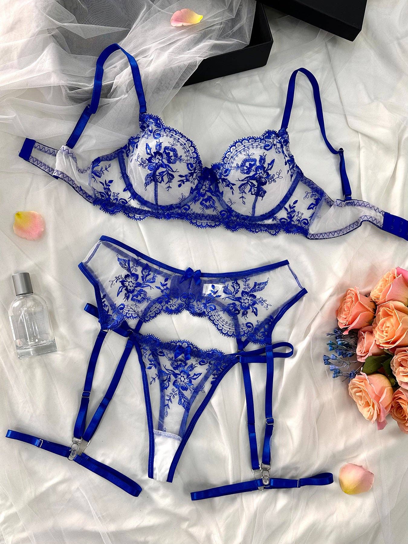 Blue Floral Embroidery Sexy Seduction Lingerie
