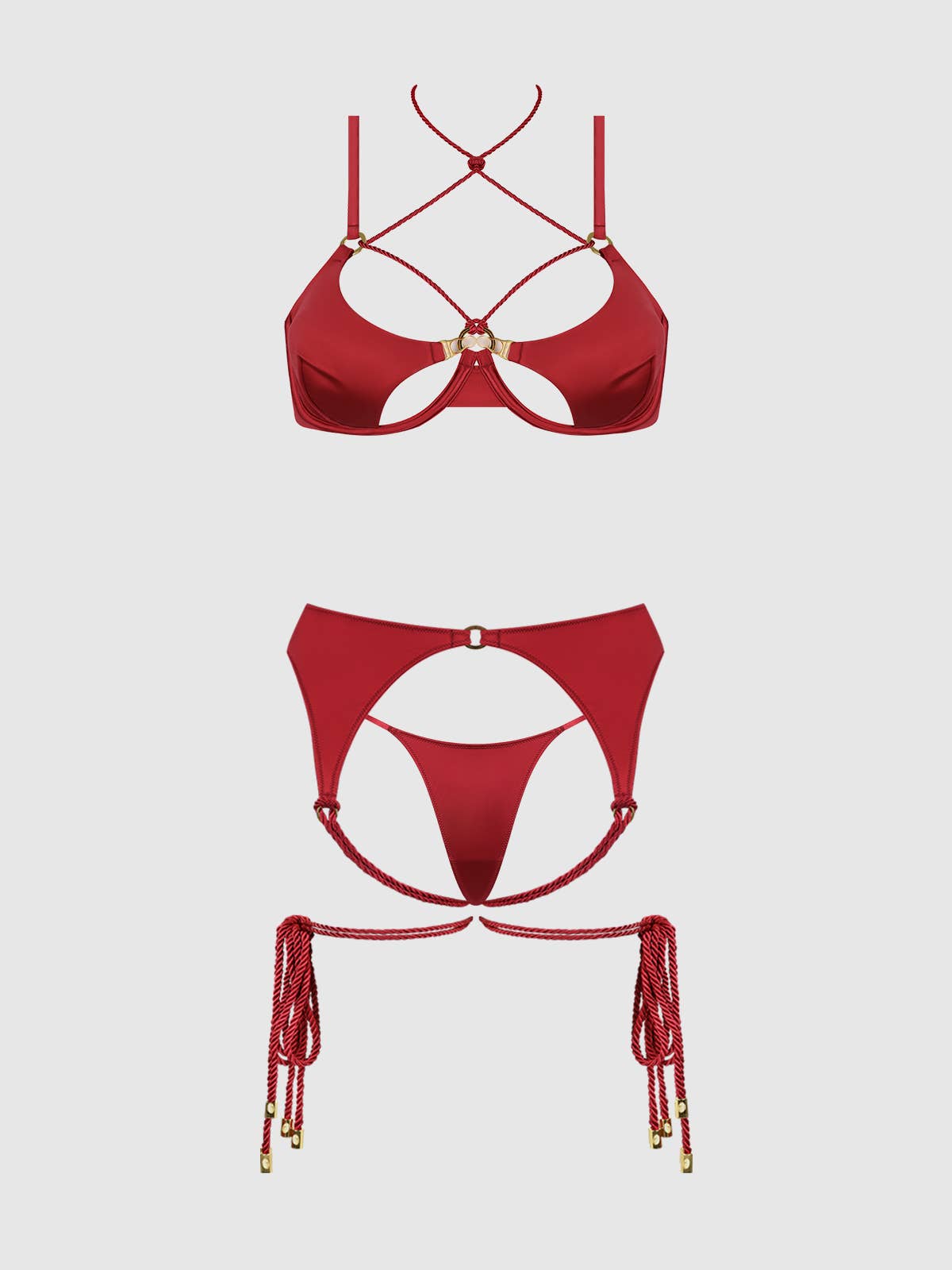 Iryna silky garter & thong set: Crimson Red