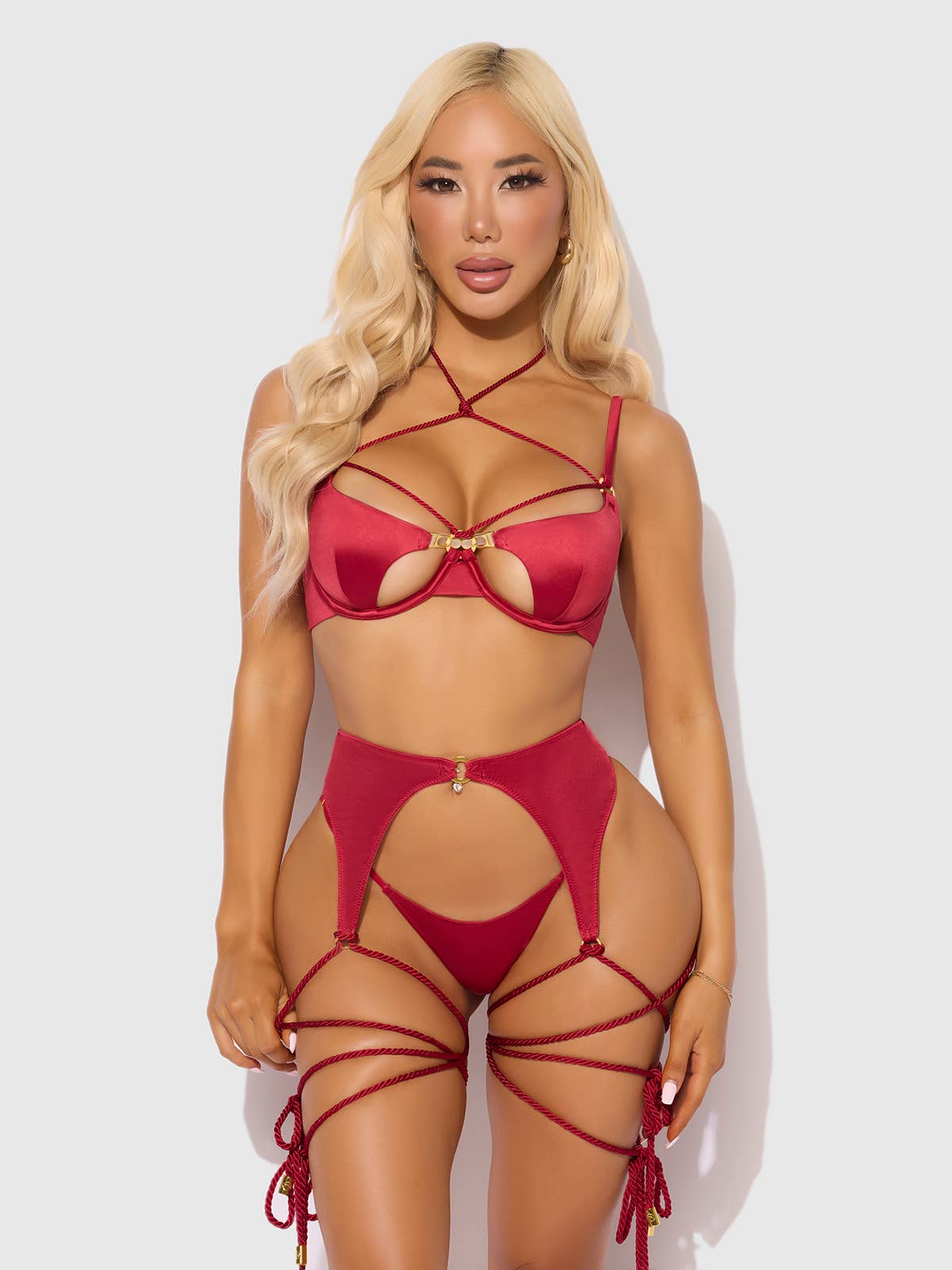 Iryna silky garter & thong set: Crimson Red