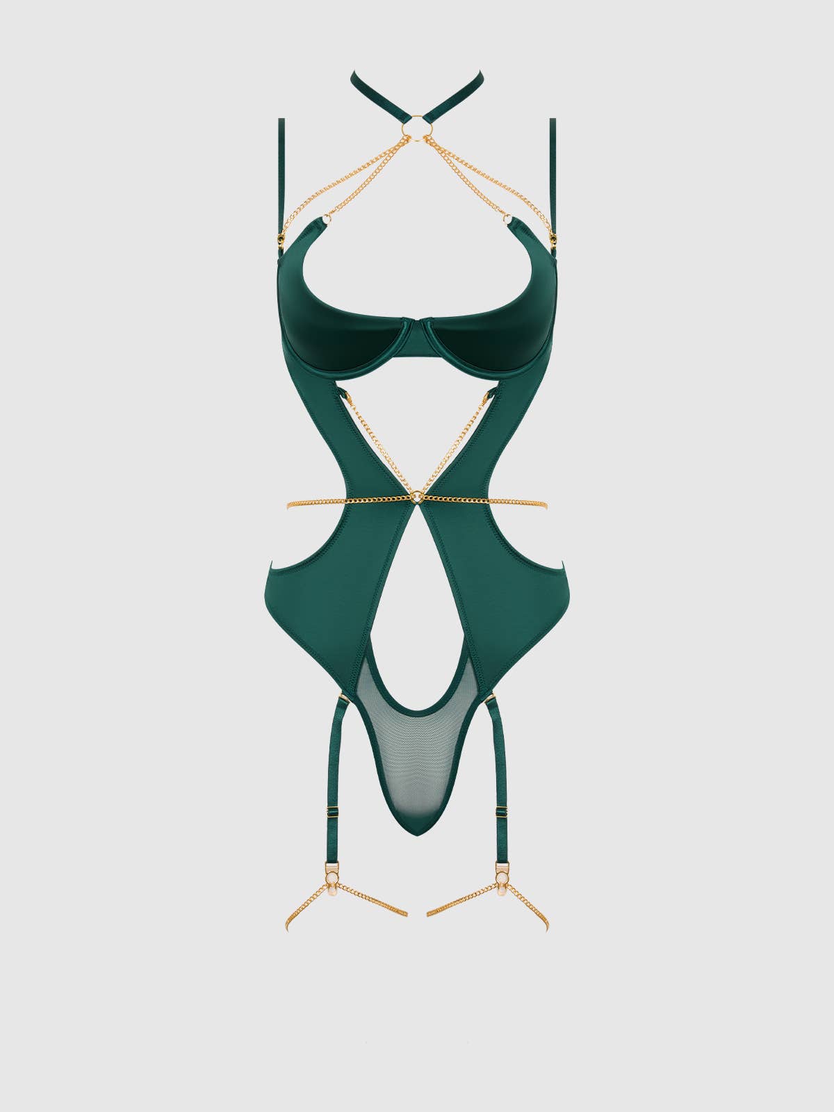 
                  
                    EVANGELINE SATIN & CHAIN HALTER TEDDY: EMERALD
                  
                