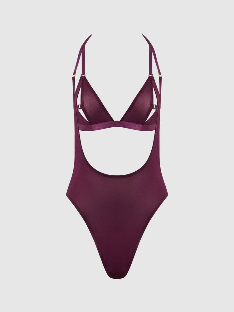 
                  
                    Yasmine Shimmer Mesh Backless Teddy & Bra Set: Plum
                  
                