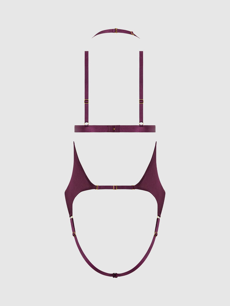 
                  
                    Yasmine Shimmer Mesh Backless Teddy & Bra Set: Plum
                  
                