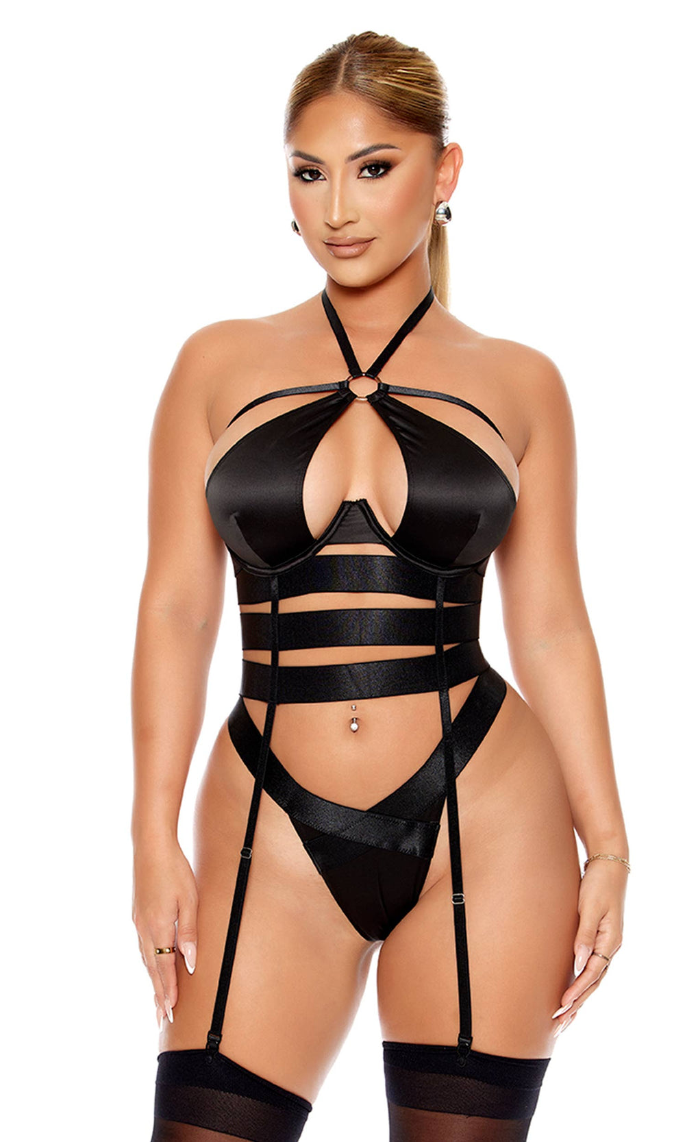 Soft Life Satin Strappy Bustier Lingerie Set: Black