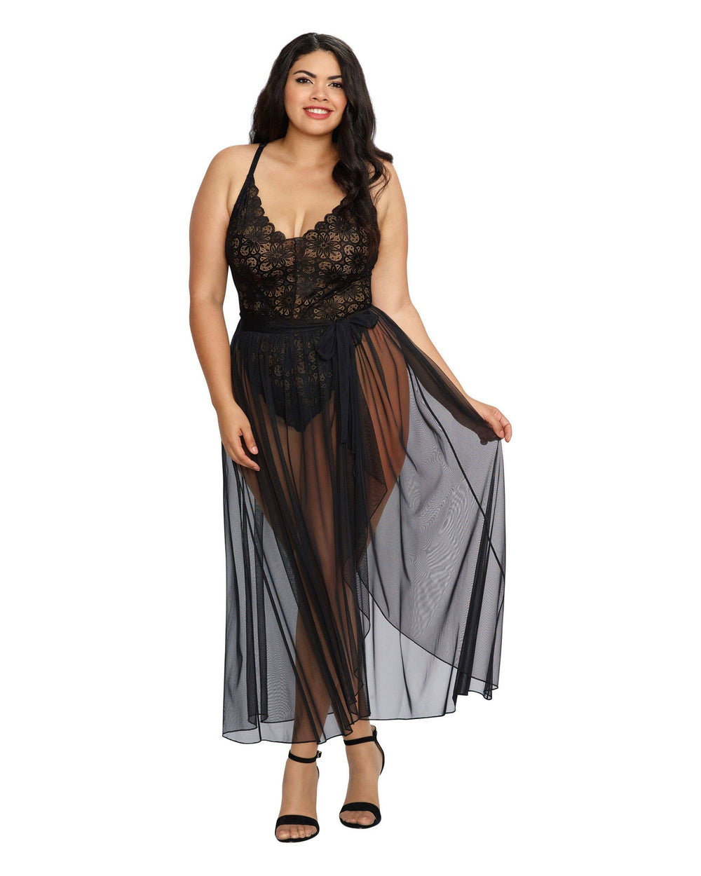 Mosaic Lace Teddy & Sheer Skirt: Black
