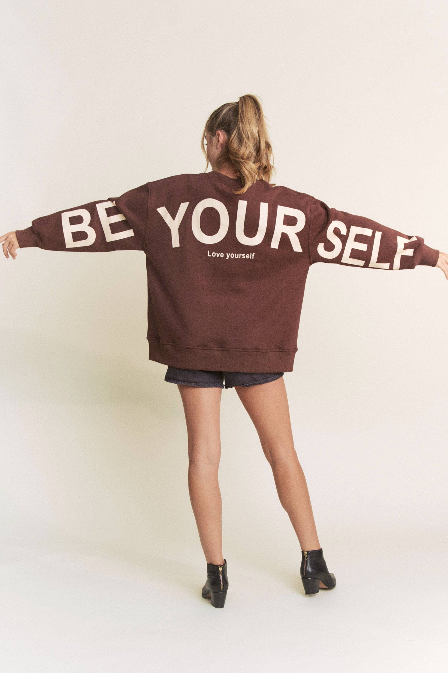 
                  
                    Be Yourself Love Yourself Printed Oversized Sweatshirt: BLACK / M
                  
                