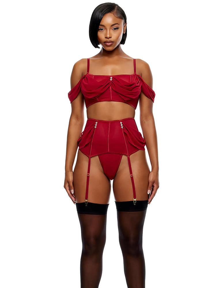 
                  
                    Draped Mesh Bra and Garter Skirt Lingerie Set - Wine
                  
                