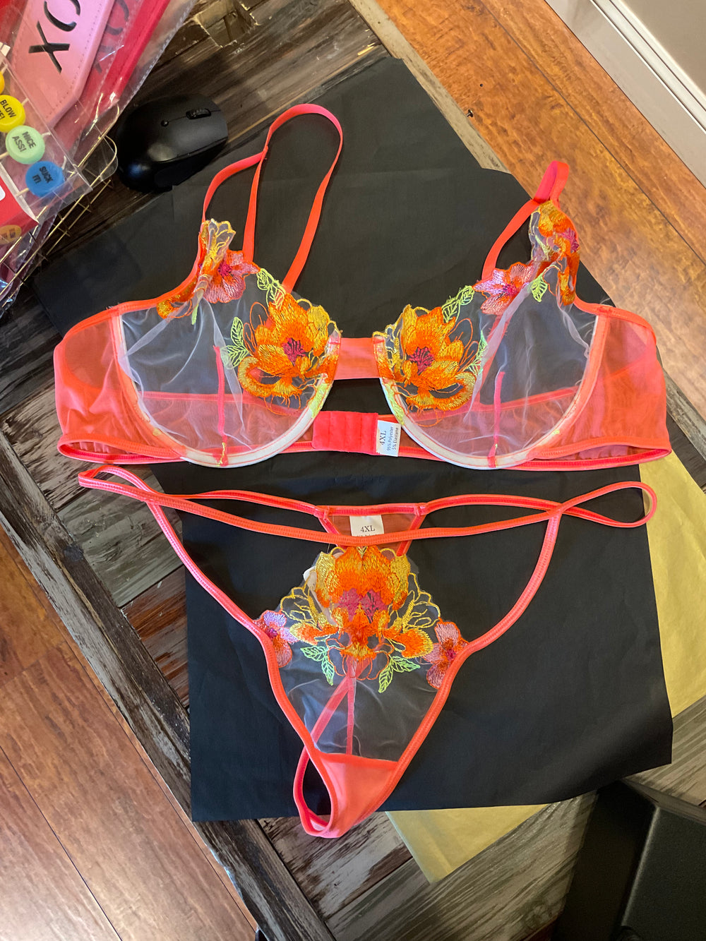 Coral Cutout Mesh Bra and Thong Set : 4xl