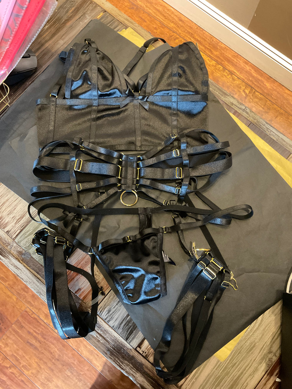 Black 5 pc Strappy Satin Set Size s/m