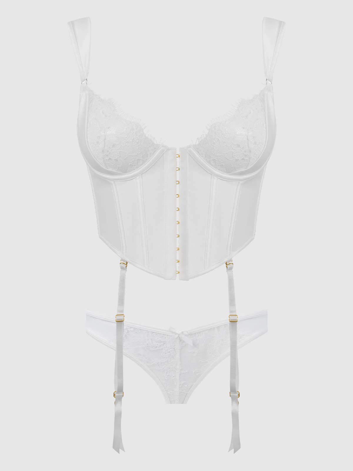 
                  
                    BRIDAL SATIN & LACE BUSTIER & BACKLESS HIPSTER SET: IVORY
                  
                