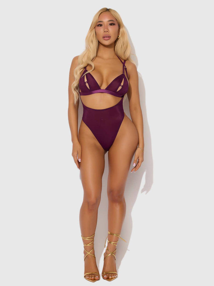 
                  
                    Yasmine Shimmer Mesh Backless Teddy & Bra Set: Plum
                  
                