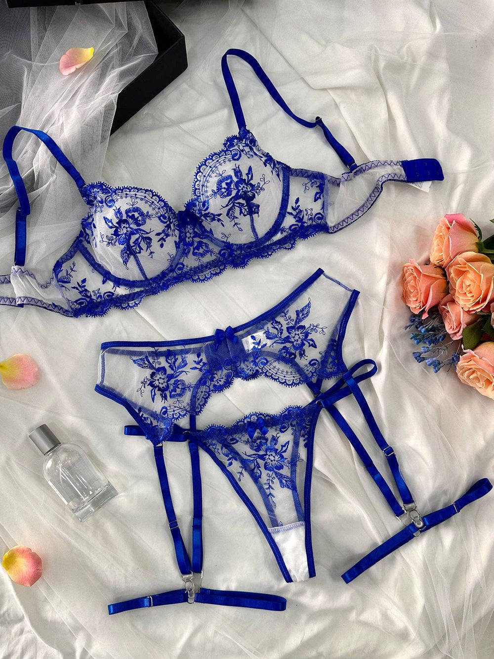 Blue Floral Embroidery Sexy Seduction Lingerie