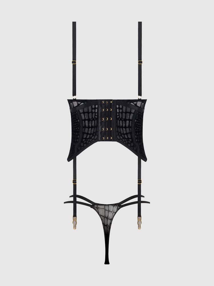 
                  
                    SNAKE VELVET-BURNOUT MESH BUSTIER & THONG SET: BLACK
                  
                
