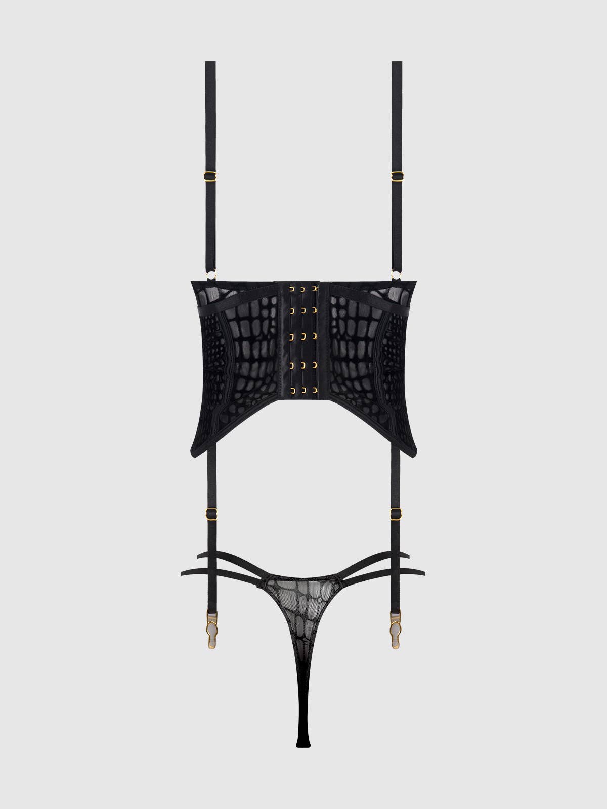 
                  
                    SNAKE VELVET-BURNOUT MESH BUSTIER & THONG SET: BLACK
                  
                