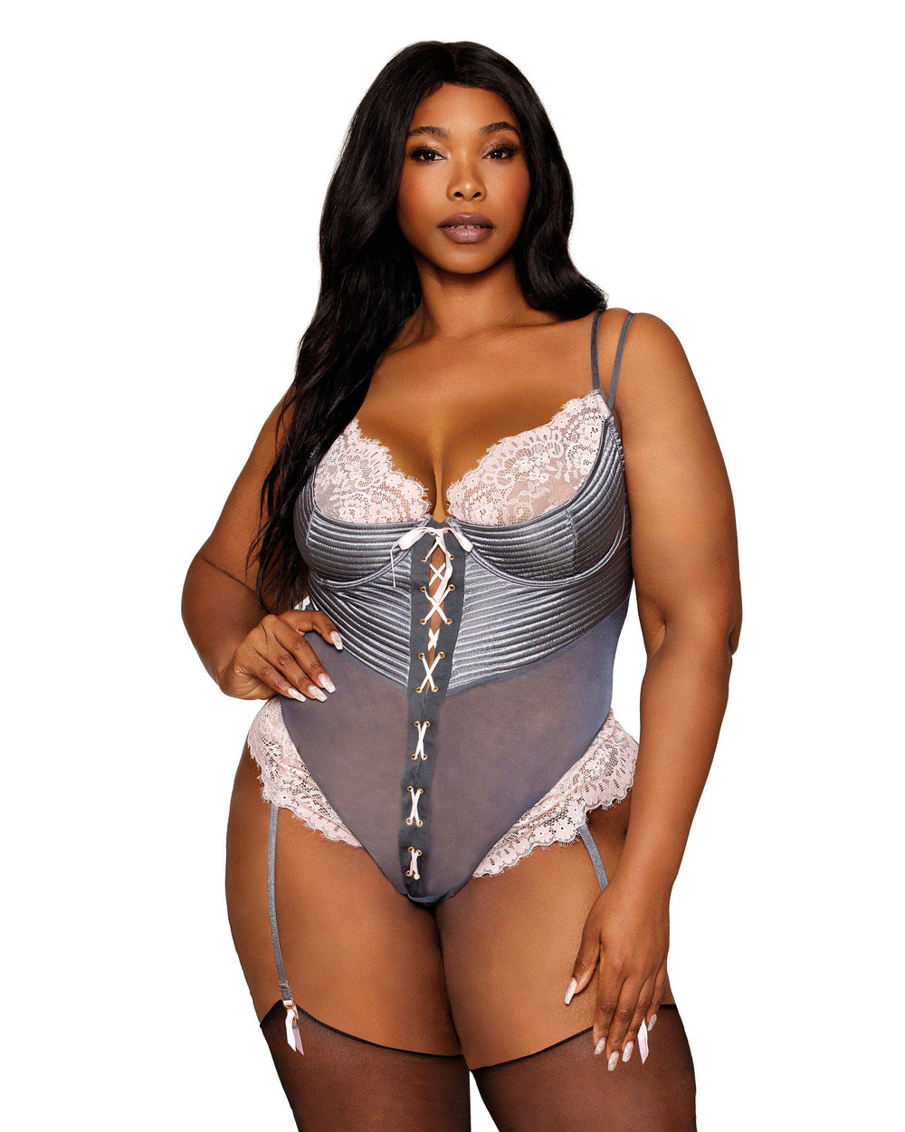 Satin, Mesh & Eyelash Lace Stretch Garter Teddy