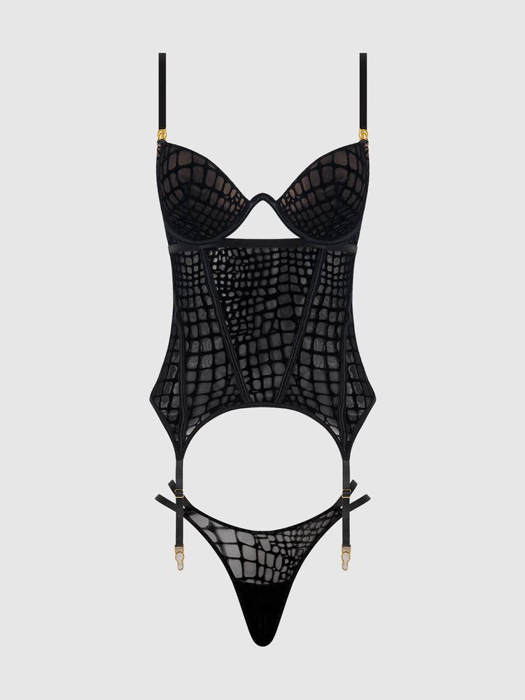 
                  
                    SNAKE VELVET-BURNOUT MESH BUSTIER & THONG SET: BLACK
                  
                