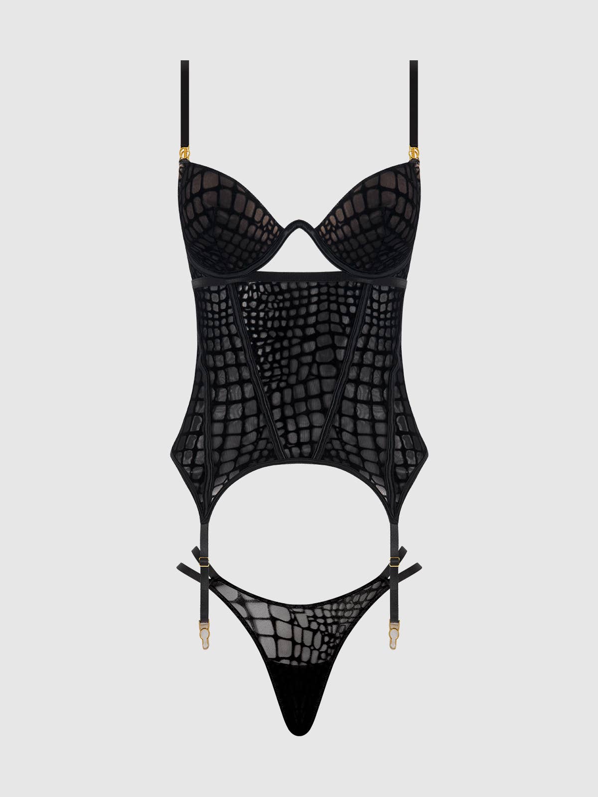 
                  
                    SNAKE VELVET-BURNOUT MESH BUSTIER & THONG SET: BLACK
                  
                