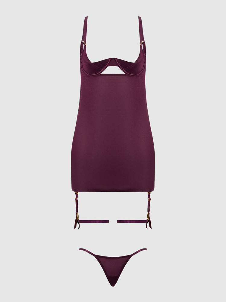 
                  
                    YASMINE SHIMMER MESH O-RING THIGH GARTER CHEMISE SET: PLUM
                  
                