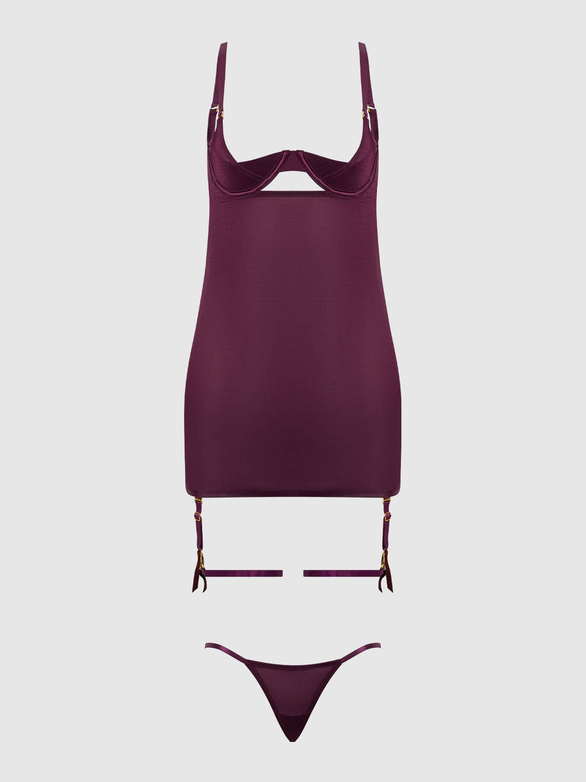 
                  
                    YASMINE SHIMMER MESH O-RING THIGH GARTER CHEMISE SET: PLUM
                  
                