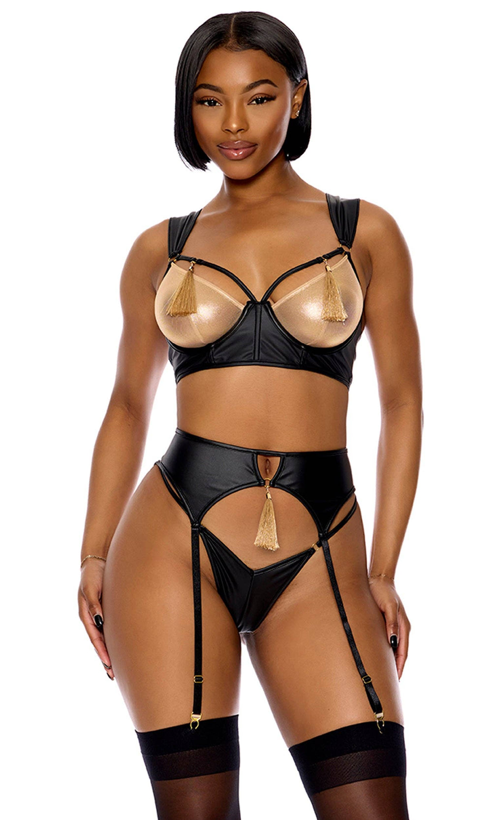 Show Stopper Metallic Mesh Bra and Garter Belt Lingerie Set - Black & Gold