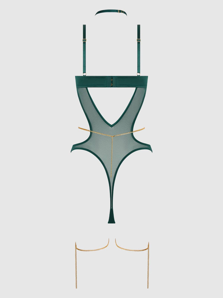 
                  
                    EVANGELINE SATIN & CHAIN HALTER TEDDY: EMERALD
                  
                