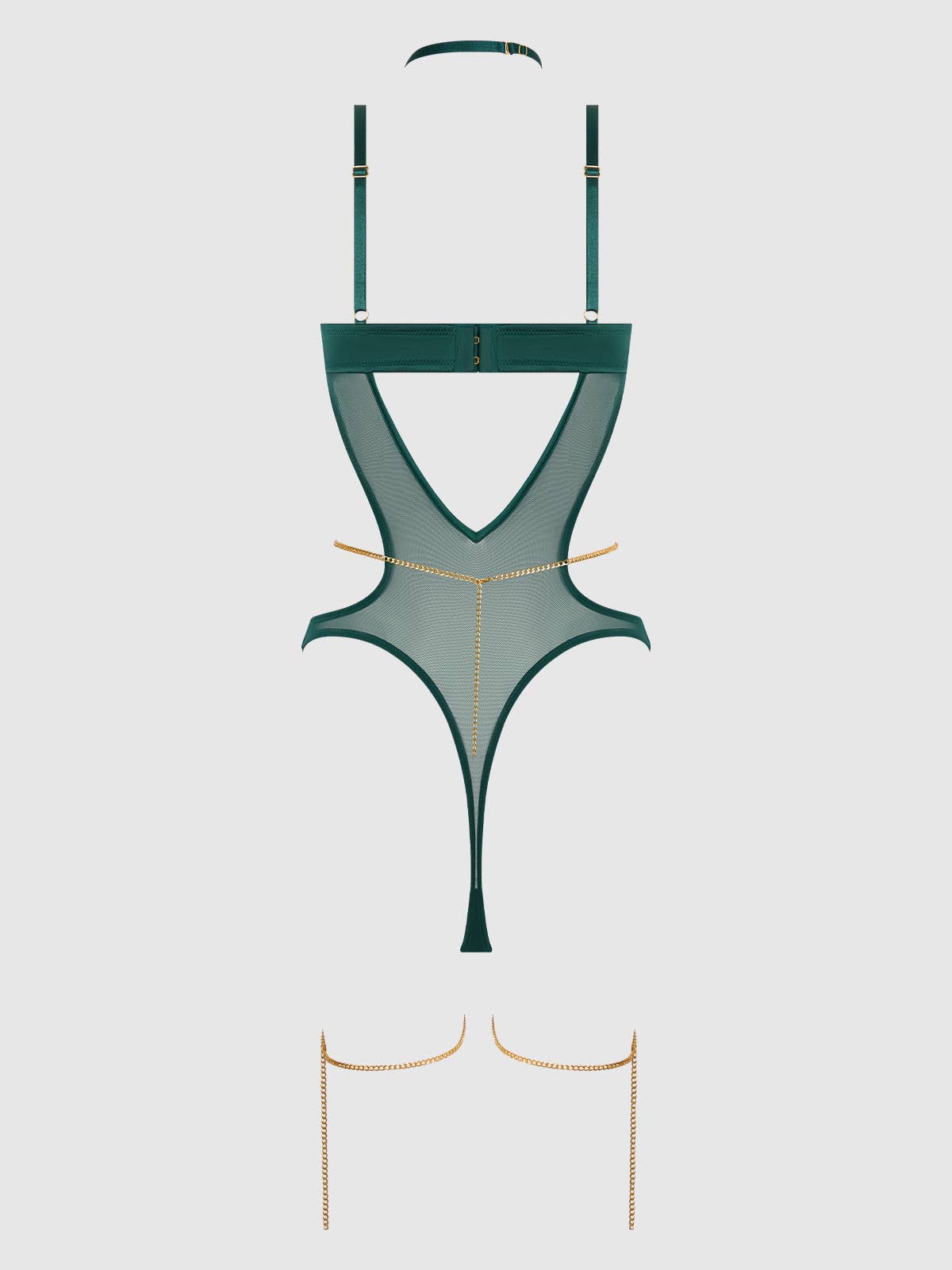 
                  
                    EVANGELINE SATIN & CHAIN HALTER TEDDY: EMERALD
                  
                