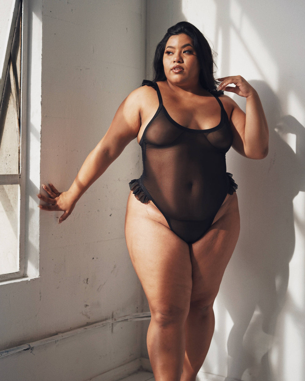 Black Mesh & Ruffle Bodysuit